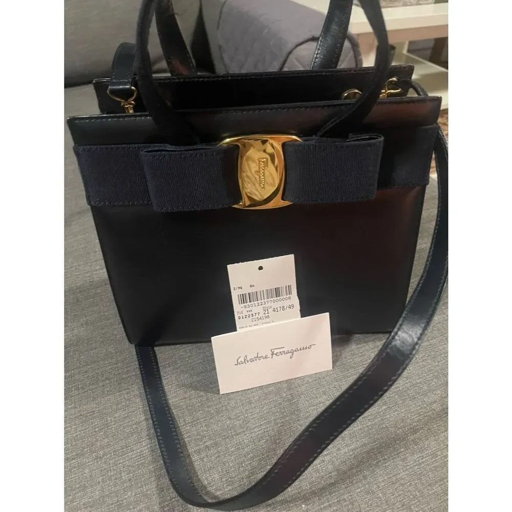 Salvatore Ferragamo Bow Leather Tote Black Gold Hardware Top Handle Crossbody